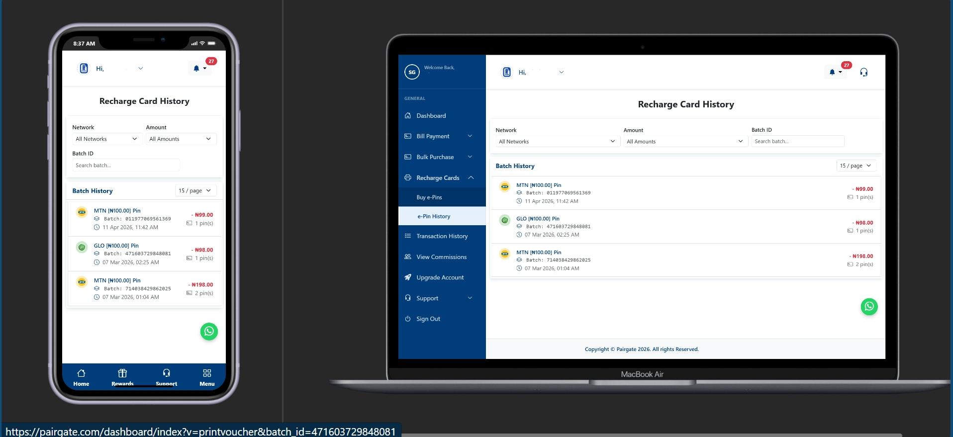 How to View, Download, and Print Your Recharge Card History on Pairgate